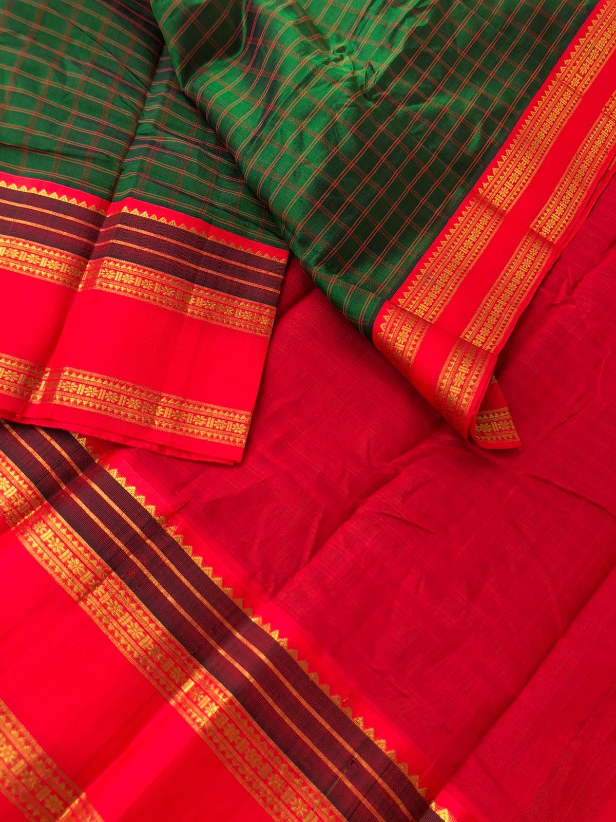 Divyam - Korvai Silk Cotton with Pure Silk Woven Borders - the deepest Meenakshi green and deep red is absolutely stunning