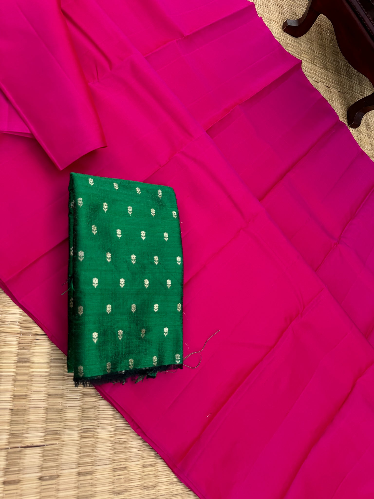 Niram - Celebrating of Full Plain Kanchivaram Silks Paired with Beautiful Blouses - rani pink saree with bottle green raw silk blouse