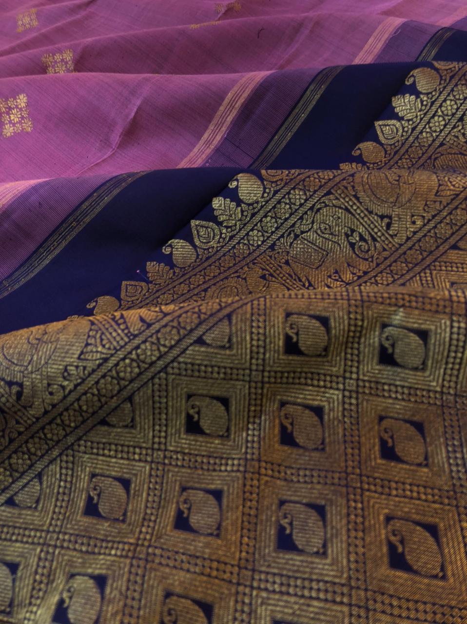Mohaa - Beautiful Borderless Kanchivarams - unusual burnt metallic lavender purple with kasuthi woven buttas