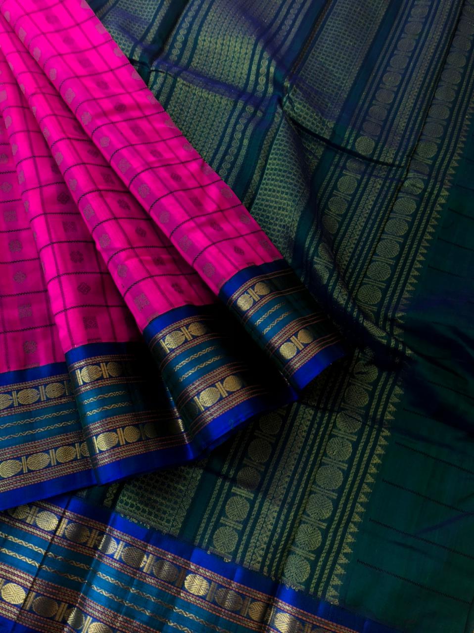 Divyam - Korvai Silk Cotton with Pure Silk Woven Borders - deep Indian pink and deep peacock blue 1000 buttas