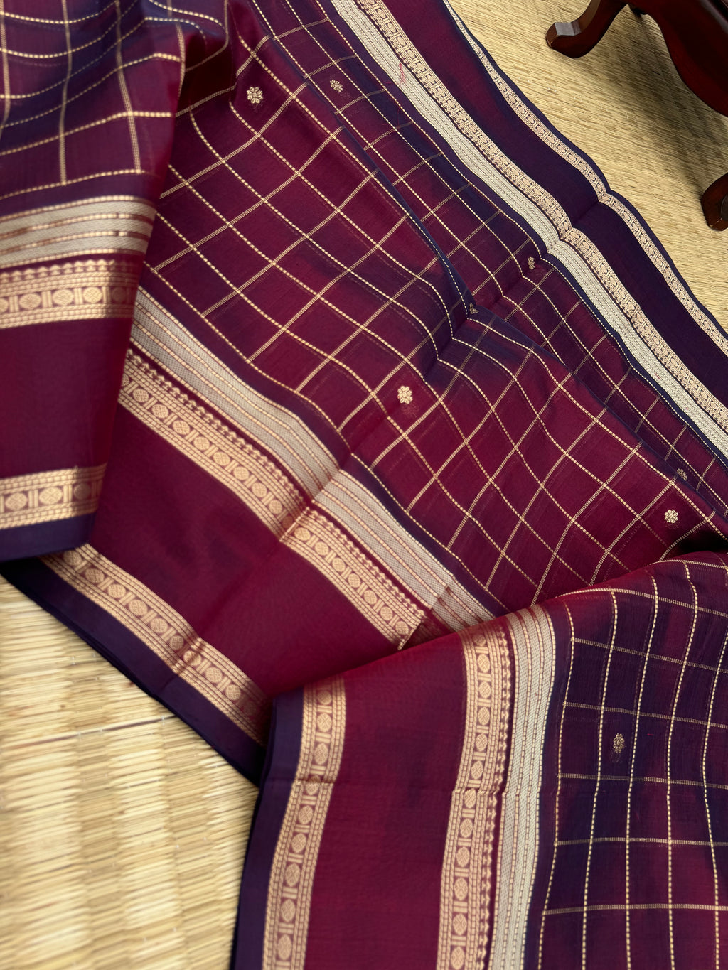 Zari Kissed Silk Cotton - deep dark wine muthukattam and buttas with grandest pallu