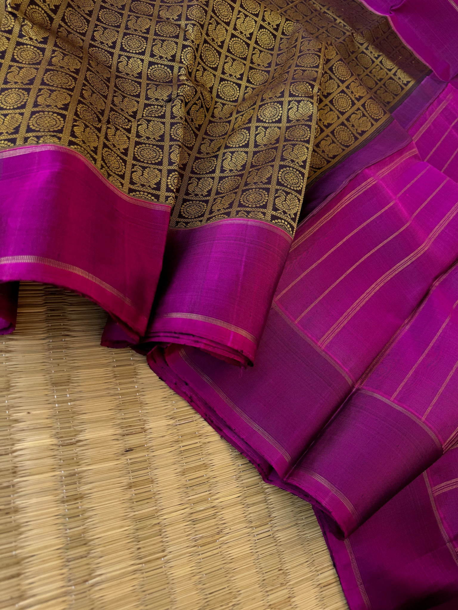 Haritham - Heirloom Yarn Play on Kanchivaram - a black and beige 1000 buttas with majenta pallu and blouse