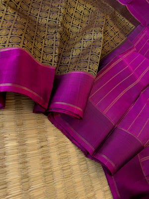 Haritham - Heirloom Yarn Play on Kanchivaram - a black and beige 1000 buttas with majenta pallu and blouse
