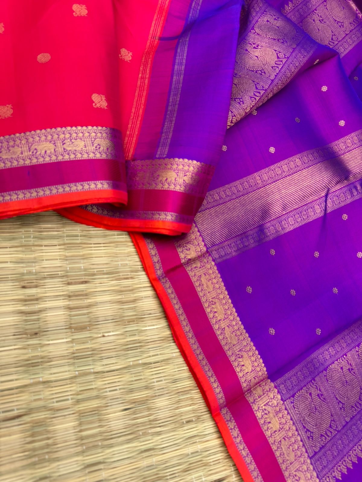 Visalakshi - a stunning pink and violet silk and zari woven borders