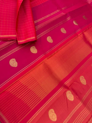 Uniquely Woven Kanchivarams - stunning red muthu kattam with unusual woven longa pallu