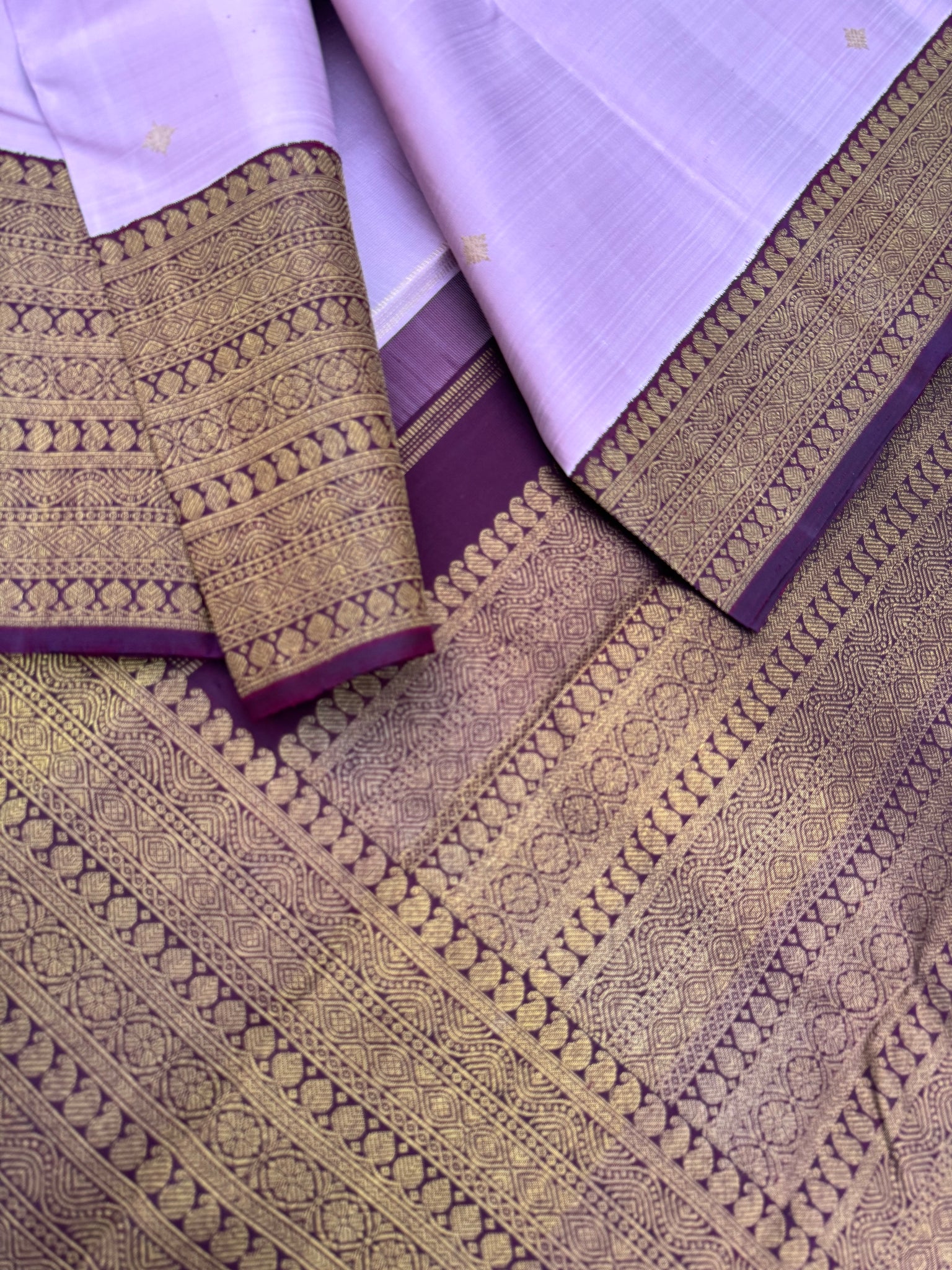 Pastel Kanchivarams - lilac and burgundy morning evening korvai antique zari woven varusai pett borders