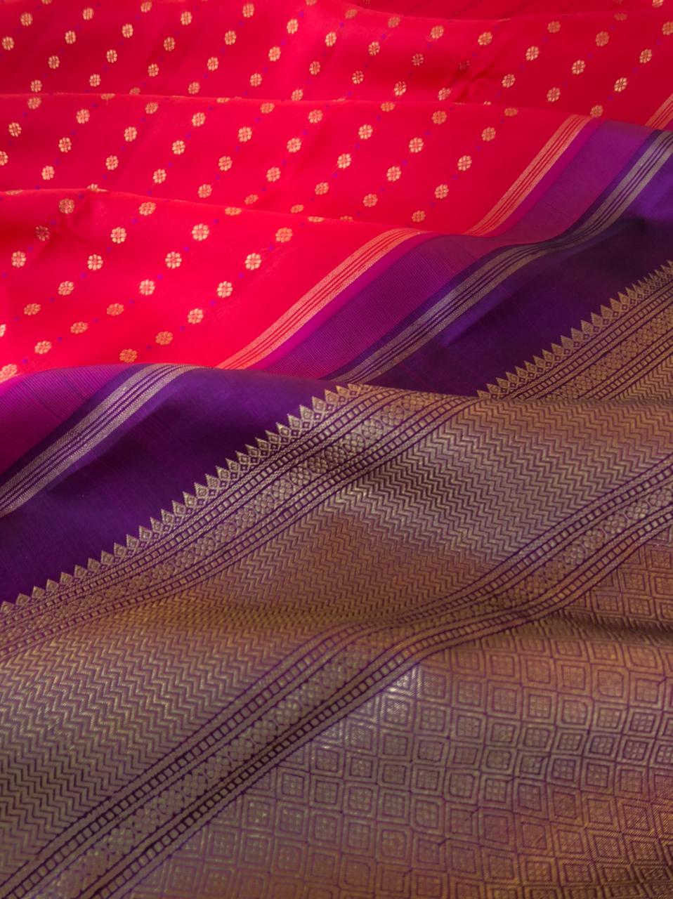 Mohaa - Beautiful Borderless Kanchivarams - stunning red and deep purple 1000 kamalam buttas