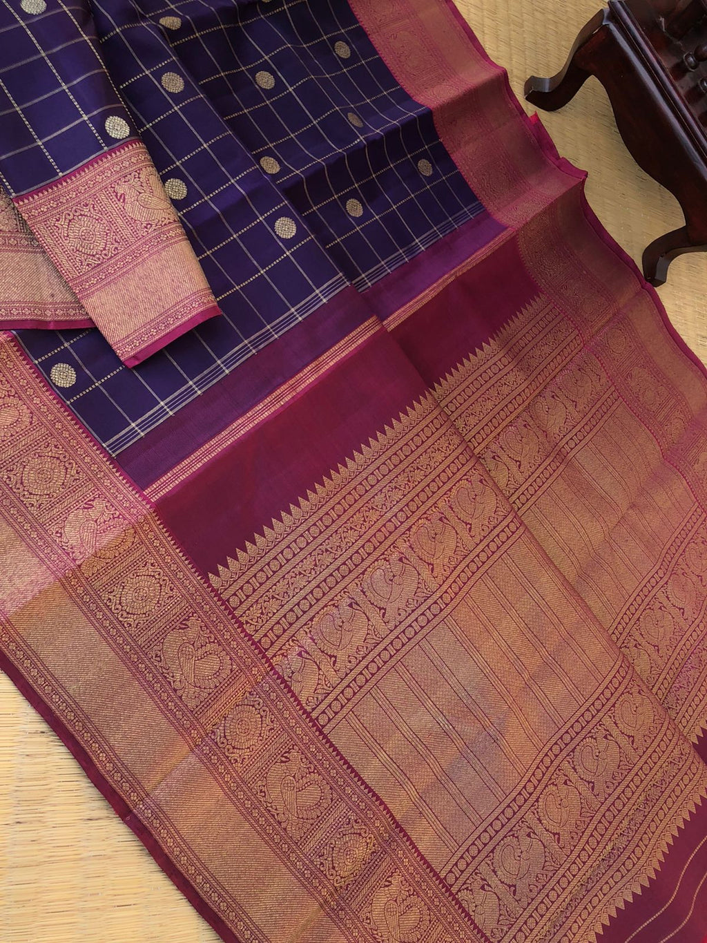 Antique Touch Kanchivarams - deep dark mid night navy blue and maroon korvai borders with chex and buttas woven body