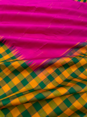 Diwali Edits - Soulful Kanchivaram - stunning deep pink rain drops woven body with mustard and green kattam woven borders pallu and blouse