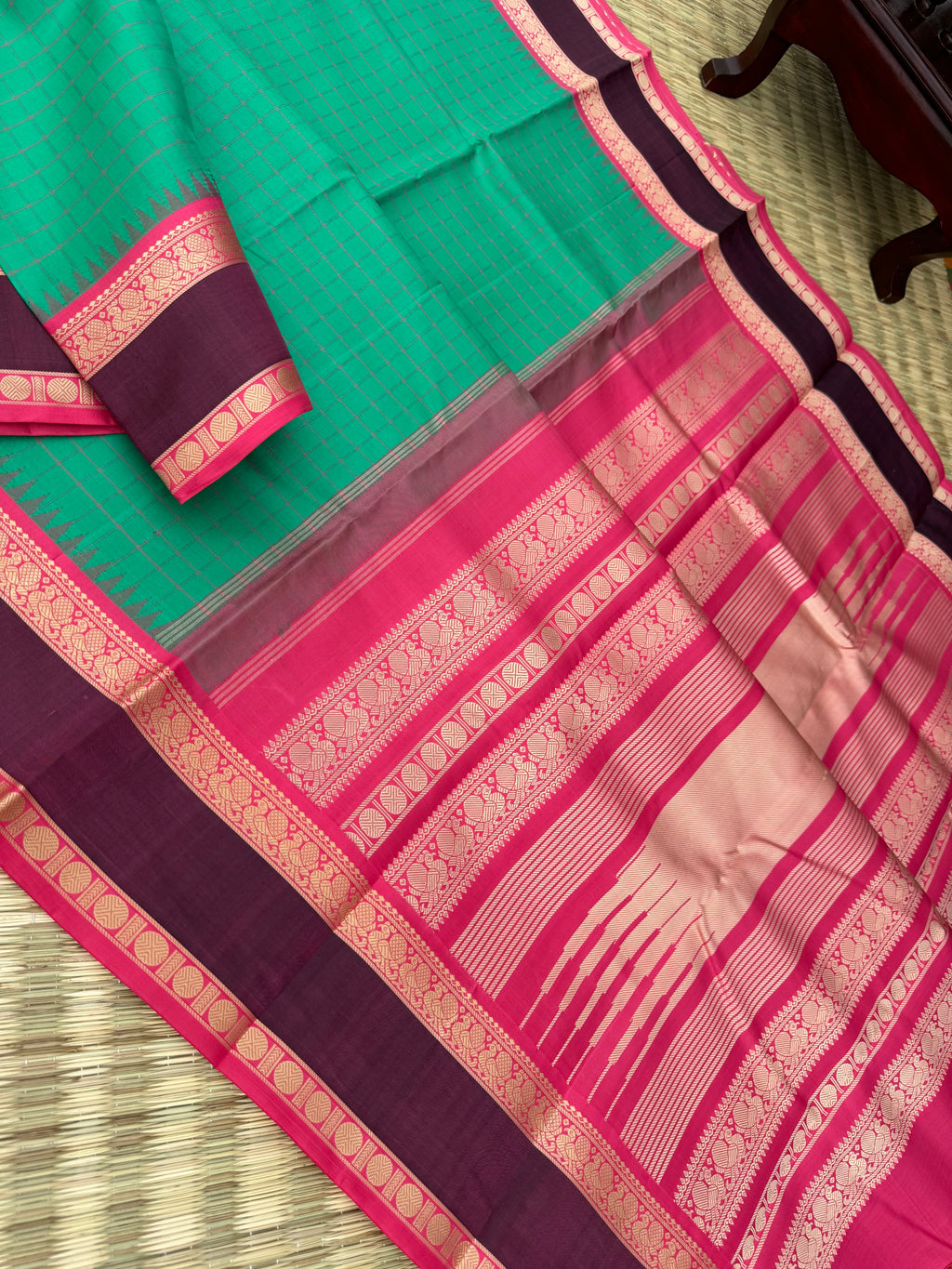 Bliss of Korvai Kanchivaram - a lighter tone green no zari Kalakshetra style korvai Kanchivaram with annapakshi woven retta pett borders