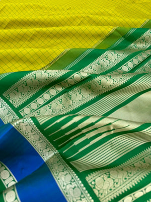The Best of No Zari Korvai Kanchivaram - most beautiful sampanga green and blue with kattam and retta pett woven borders