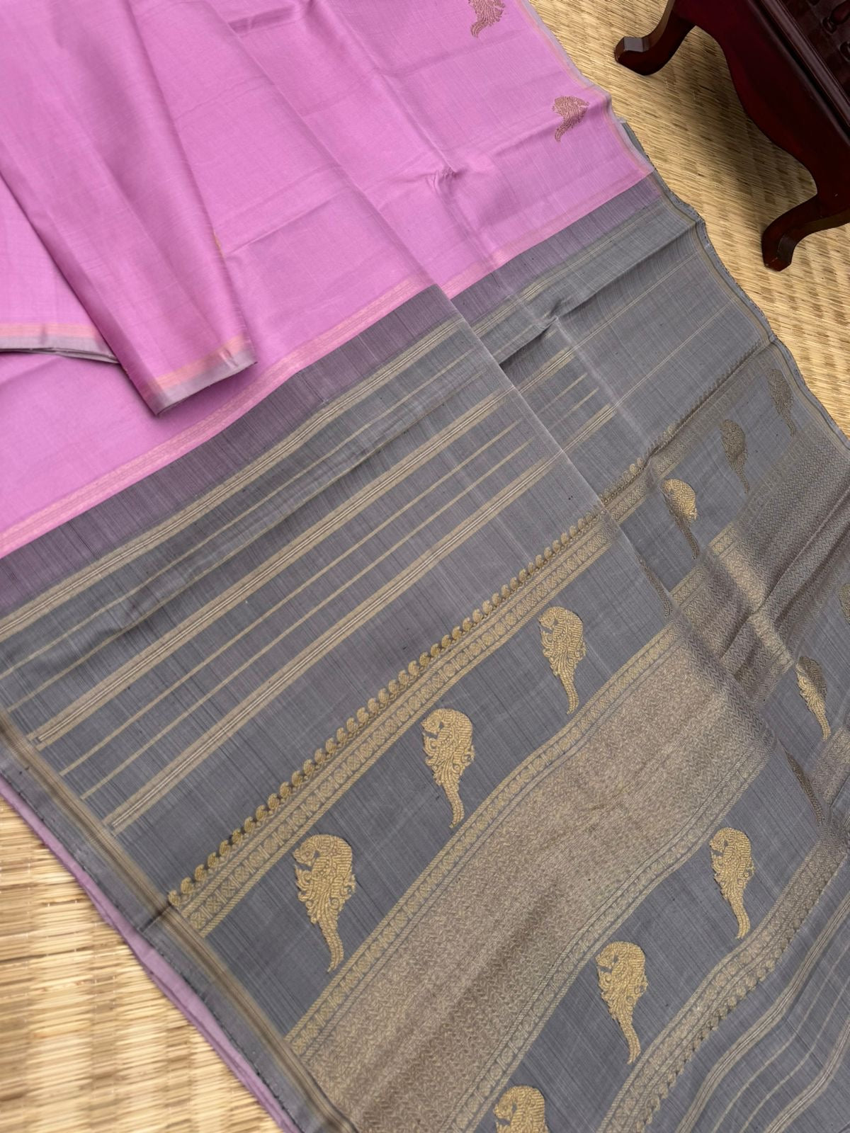 Mohaa - Rarest Borderless Kanchivarams - stunning panner rose pink with aadai woven killi ( parrots ) buttas with grey pallu and butta woven blouse
