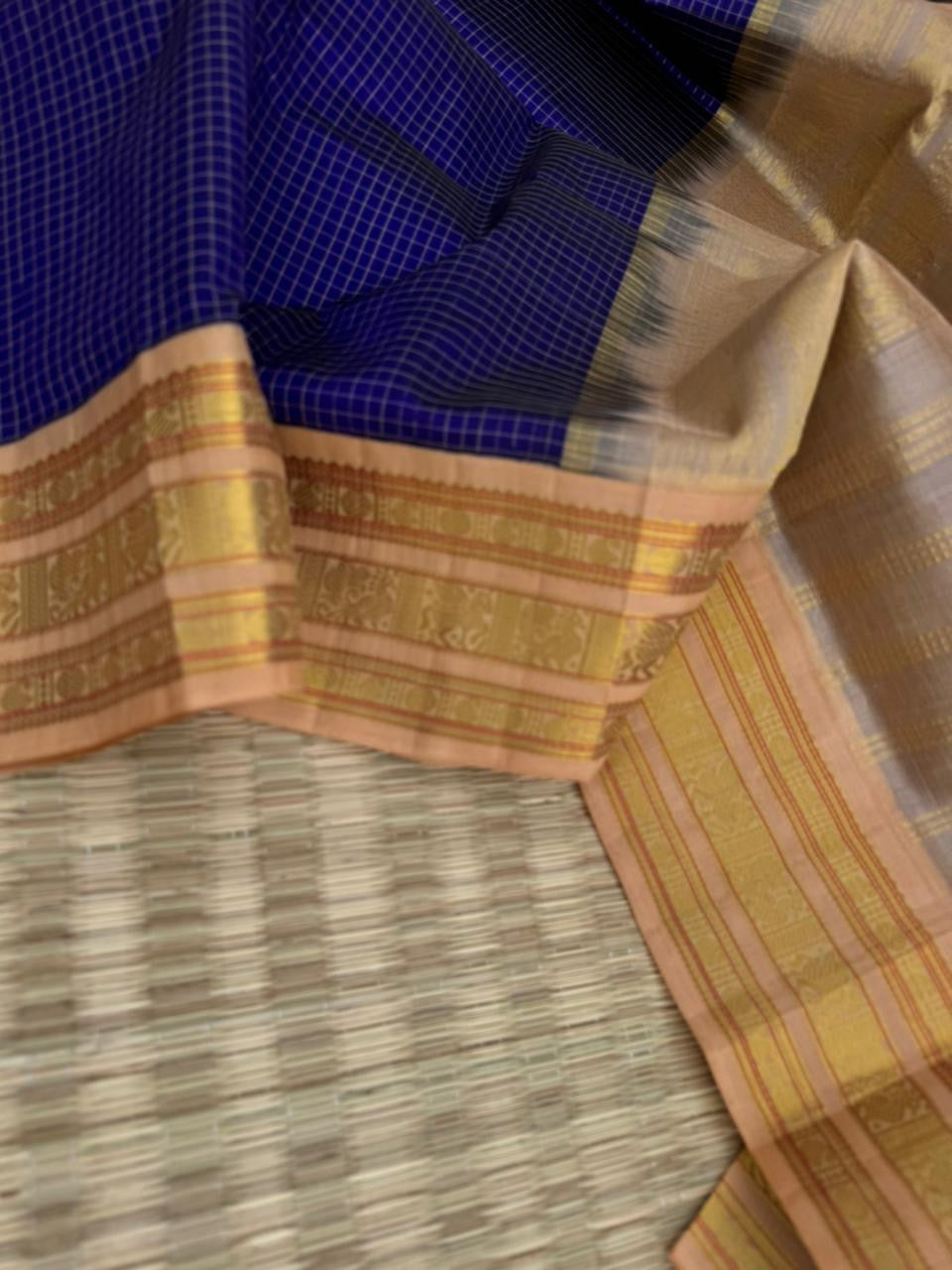 Korvai Silk Cottons - royal blue on sandal wood and podi kattam