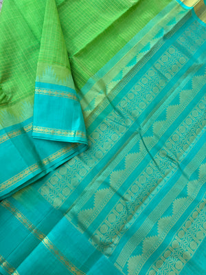 Korvai Silk Cotton - pale green and blue zari kattam