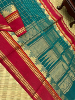 Zari Kissed Silk Cotton - unusual burnt blue with all traditional elements kattam buttas thalampoo retta pett borders