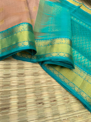 Korvai Silk Cottons - stunning beige and turquoise with woven buttas