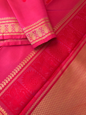 Woven from Memories - Stunning No Zari Kanchivarams - beautiful floral pink with Irruthalaipakshi woven borders and buttas