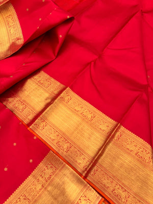 Kamakshi -the gorgeous red and gold with solid gold zari woven borders and pallu