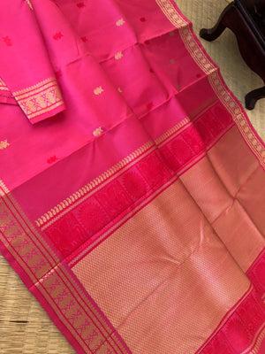 Woven from Memories - Stunning No Zari Kanchivarams - beautiful floral pink with Irruthalaipakshi woven borders and buttas