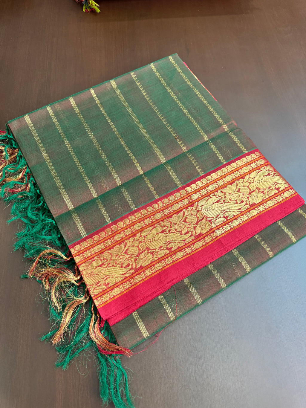 Vertical Veldhari on Zari Kissed Silk Cotton - a red mixed green dual tone