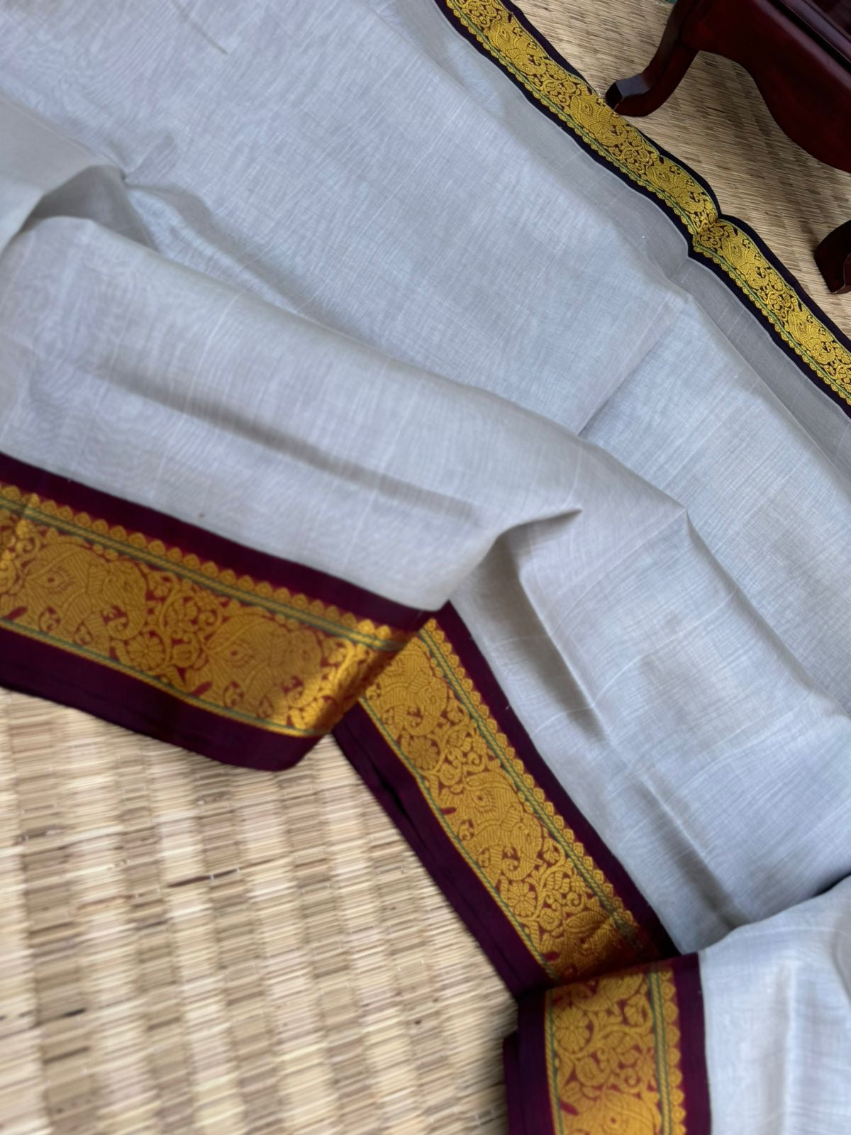 Korvai Silk Cottons - pale calcium grey and maroon