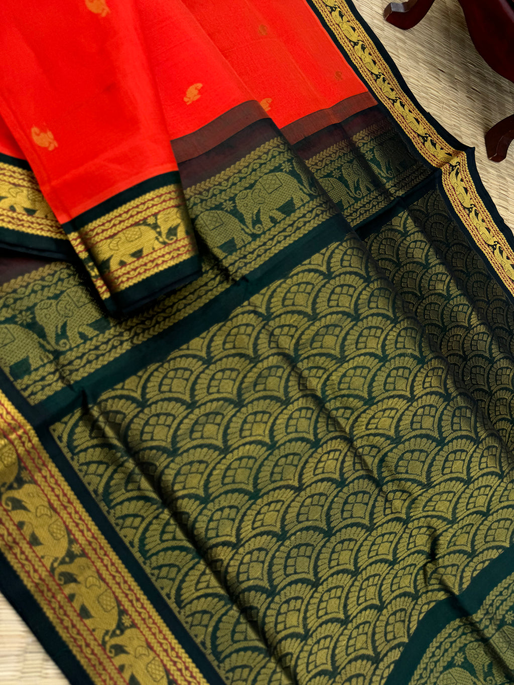 Korvai Silk Cottons - deep dark intense orange and meenakshi green