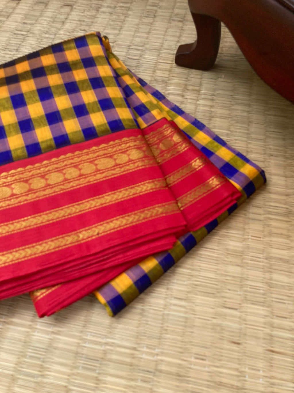 Paalum Palamum Kattams Korvai Silk Cottons - mustard and blue chex with red borders