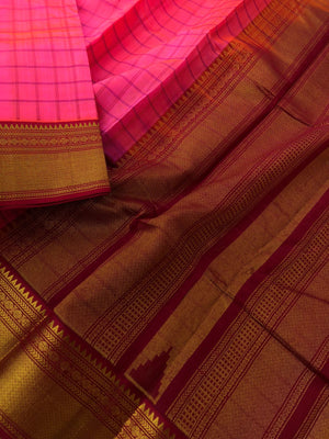 Divyam - Korvai Silk Cotton with Pure Silk Woven Borders - stunning candy pink and maroon body chexs