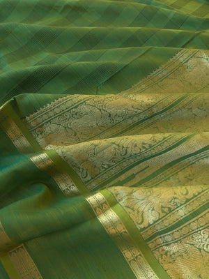Zari Kissed Silk Cotton - green and black kattam body with fish pett woven borders