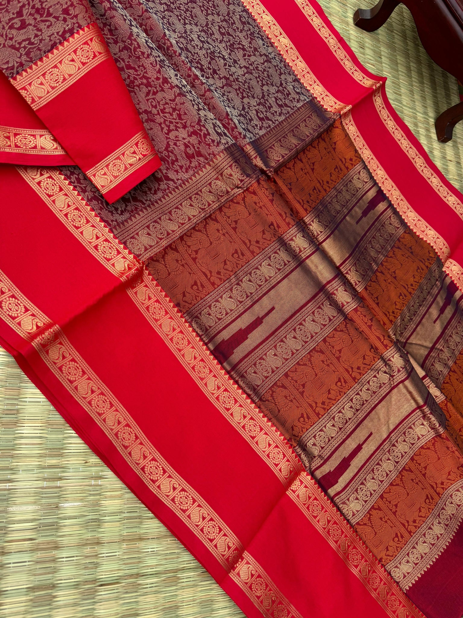 Woven Motifs Silk Cotton - maroon vanasingaram