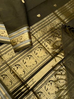 Zari Kissed Silk Cotton - deep dark army green with parrots motifs woven borders