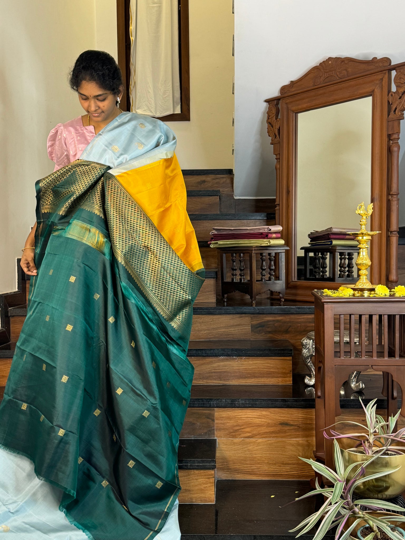 Mohaa - Beautiful Borderless Kanchivaram - pastel baby blue witb paisley and annam buttas with double pallu concept with bottle green blouse