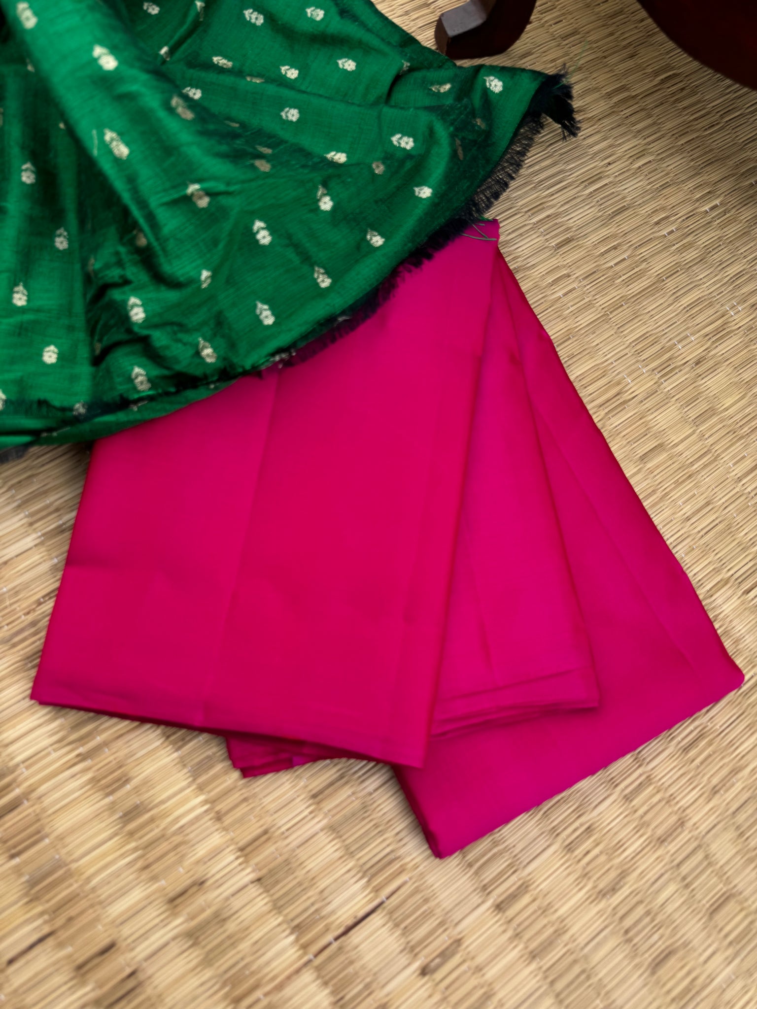 Niram - Celebrating of Full Plain Kanchivaram Silks Paired with Beautiful Blouses - rani pink saree with bottle green raw silk blouse