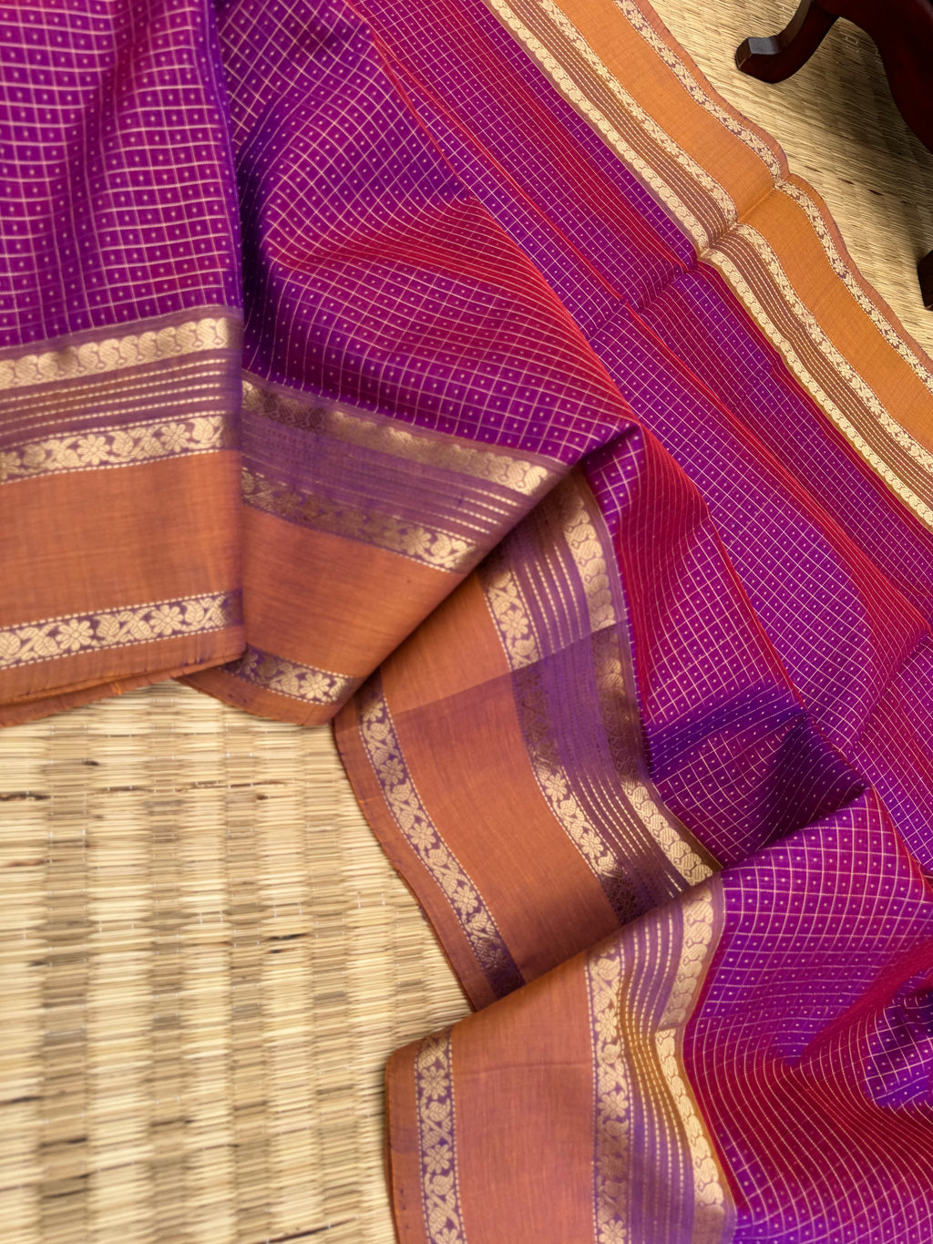Zari Kissed Silk Cotton - gorgeous purple dual tone lakshadeepam with long parrots woven pallu