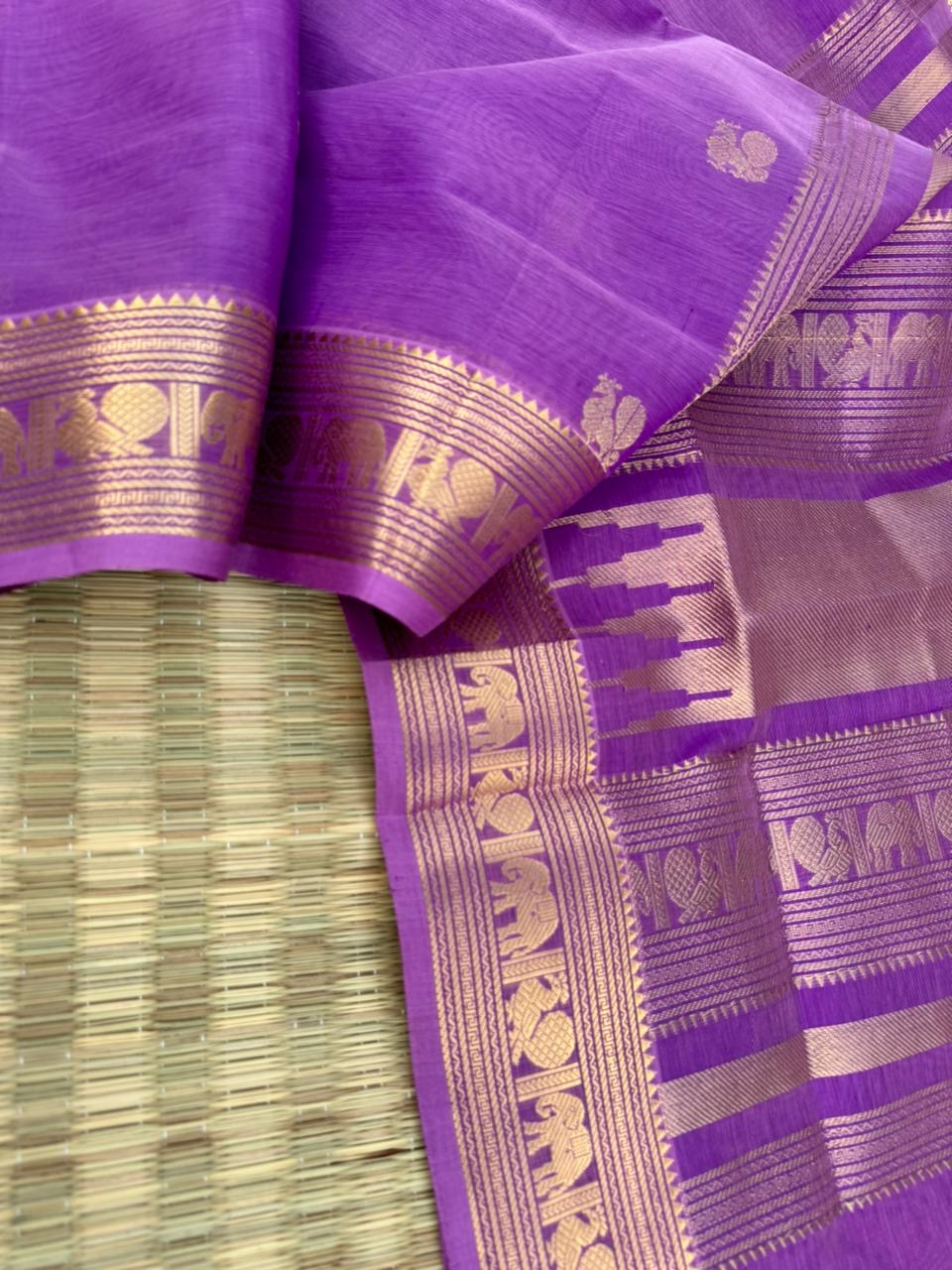 Zari Kissed Silk Cotton - unique pink with elephant and annapakshi woven borders