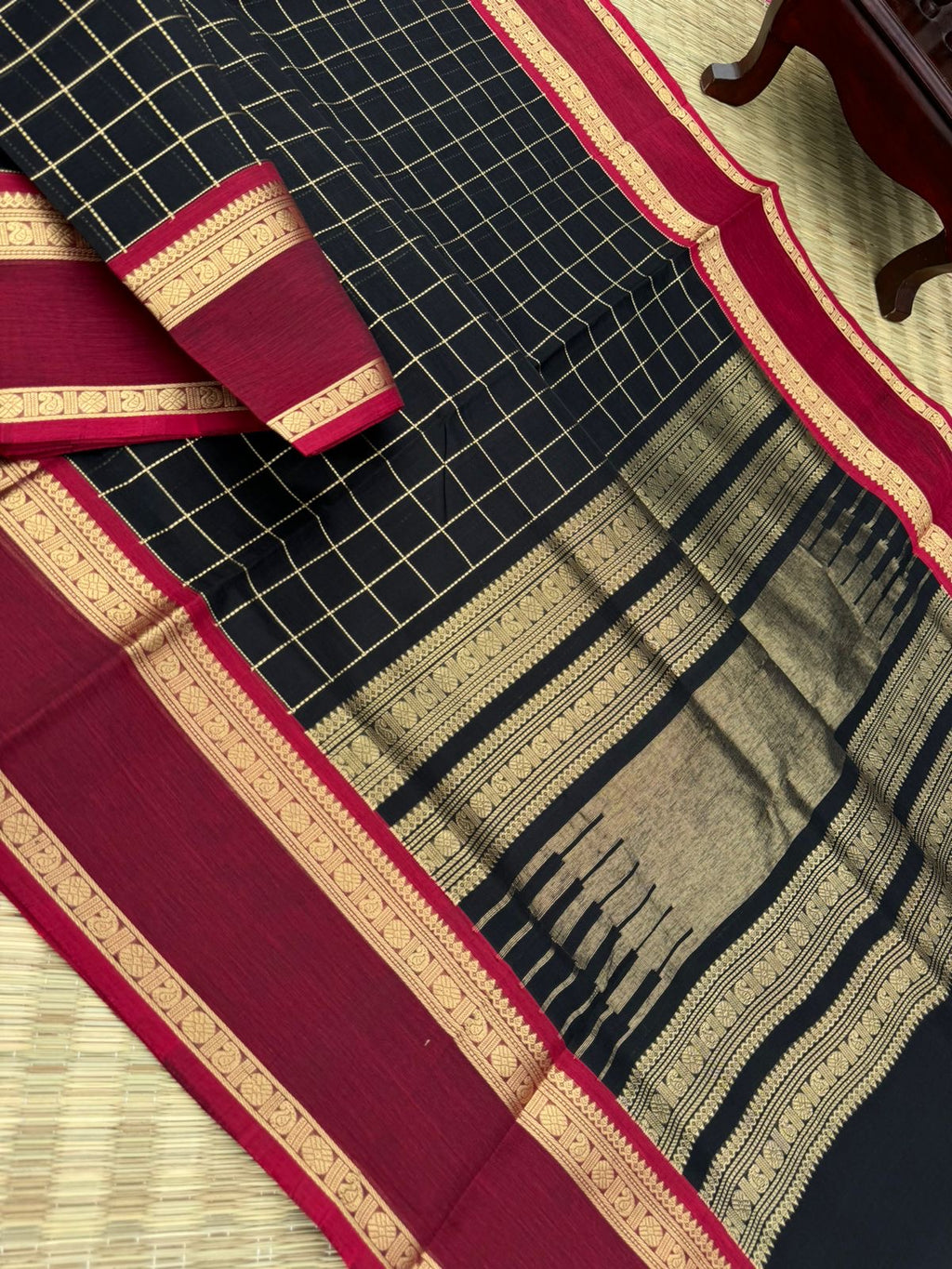 Black Edition of Zari Kissed Silk Cotton - Black muthukattam with deep dark red borders