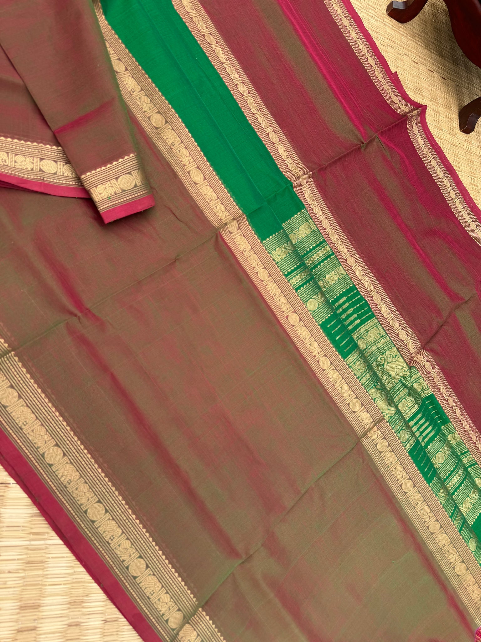 Zari Kissed Silk Cotton - A rare find classic mubbagam ( mubbagam means three parts ) green and maanthulir