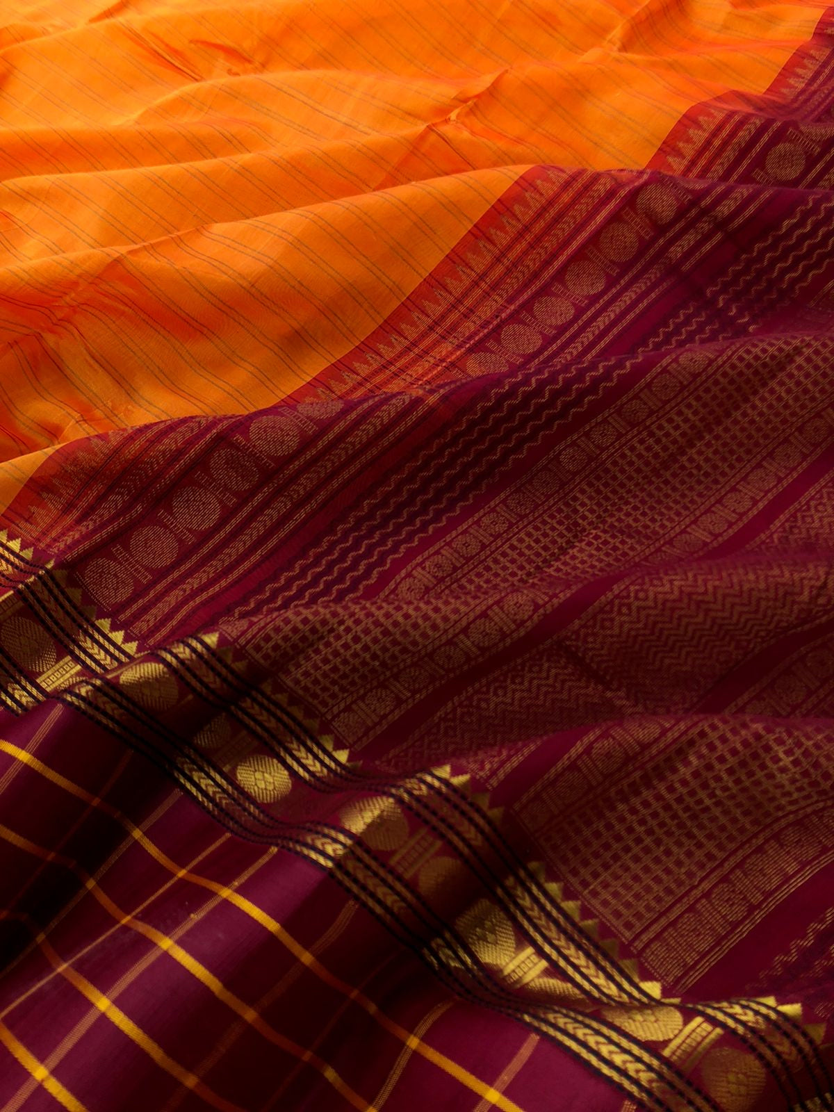 Divyam - Korvai Silk Cotton with Pure Silk Woven Borders - sun set orange and maroon with stripes woven body and check woven borders