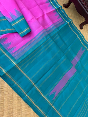 Art of Kai Korvai Kanchivaram - candy pink and teal with retta pett woven borders