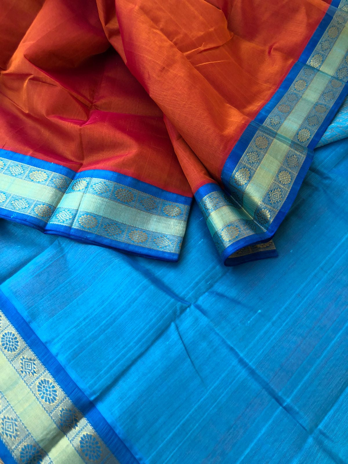 Margazhi Vibrs on Korvai Silk Cotton - rusty orange and blue