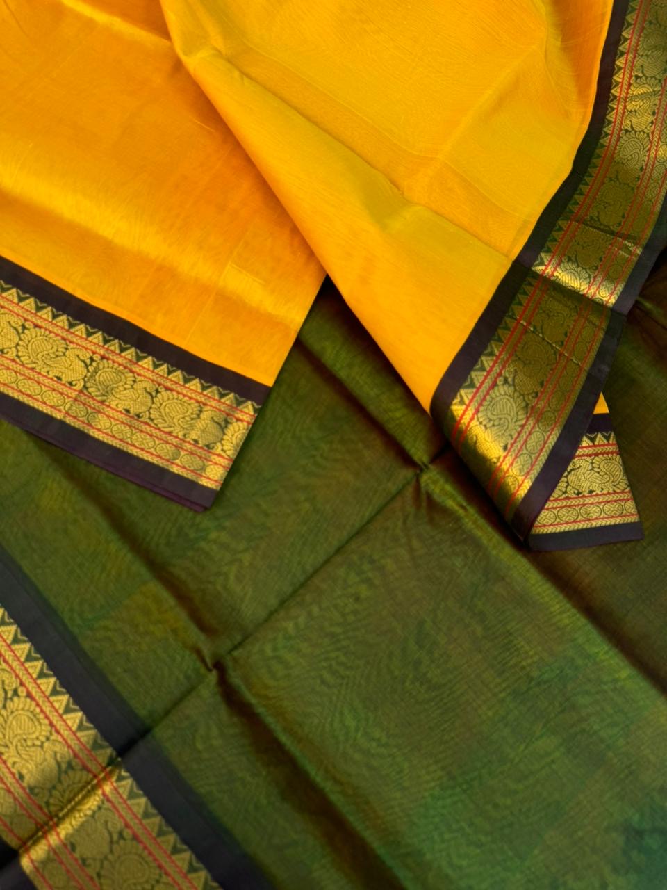 Korvai Silk Cottons -golden mustard and deep green