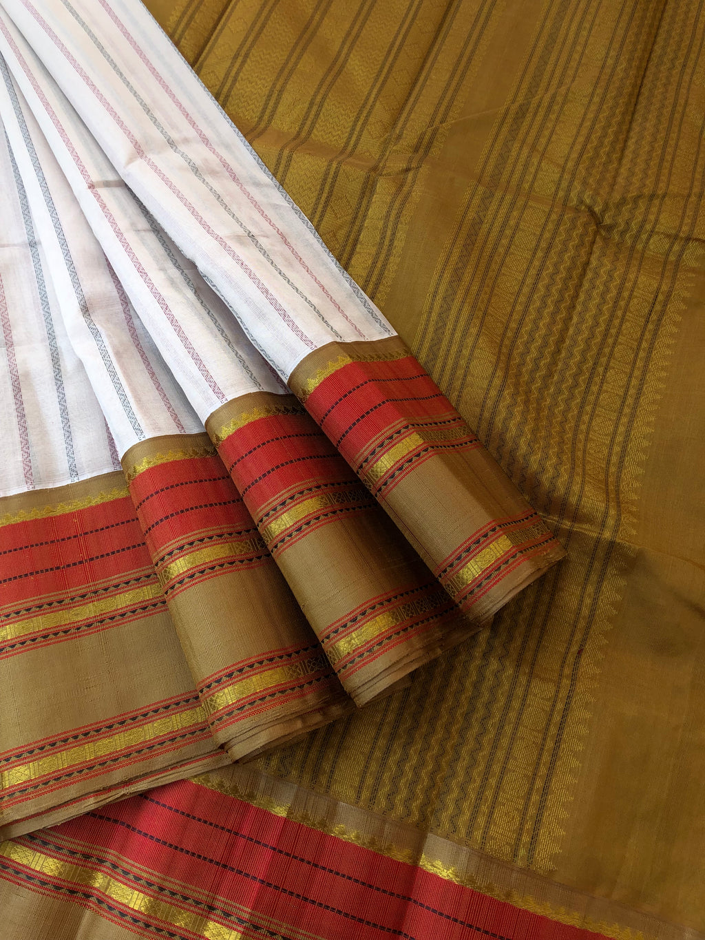 Divyam - Korvai Silk Cotton with Pure Silk Woven Borders - off white and beige vertical veldhari