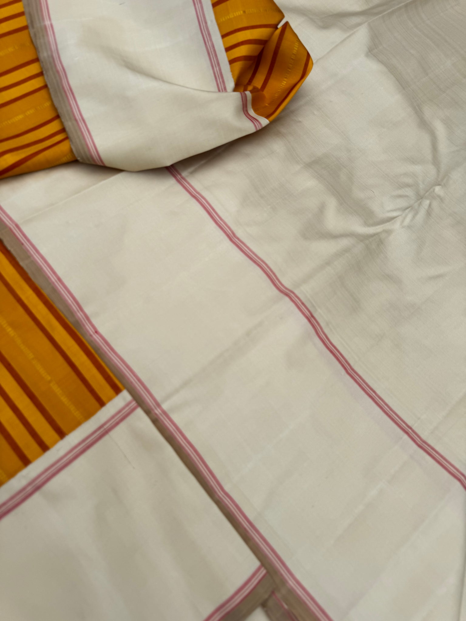 Diwali Edits - Soulful Kanchivaram - absolutely brilliant mustard with red and gold zari strips woven body with off white borders pallu and blouse