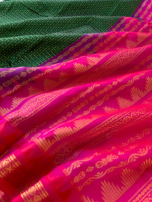 Korvai Silk Cotton - Meenakshi green and pink lakshadeepam