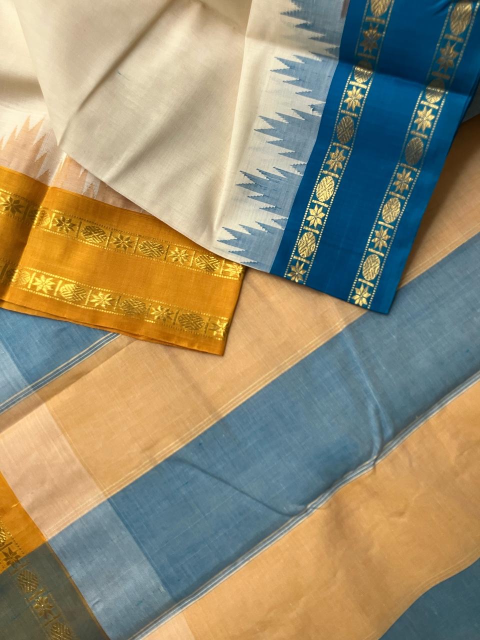 Cotton Body Silk Borders - mustard and blue silk borders