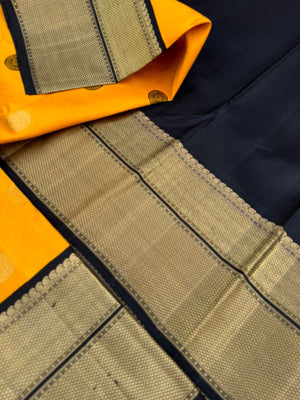 Colour Play on Kanchivaram - vintage style yellow and black korvai Kanchivaram with zari and silk thread woven unique borders