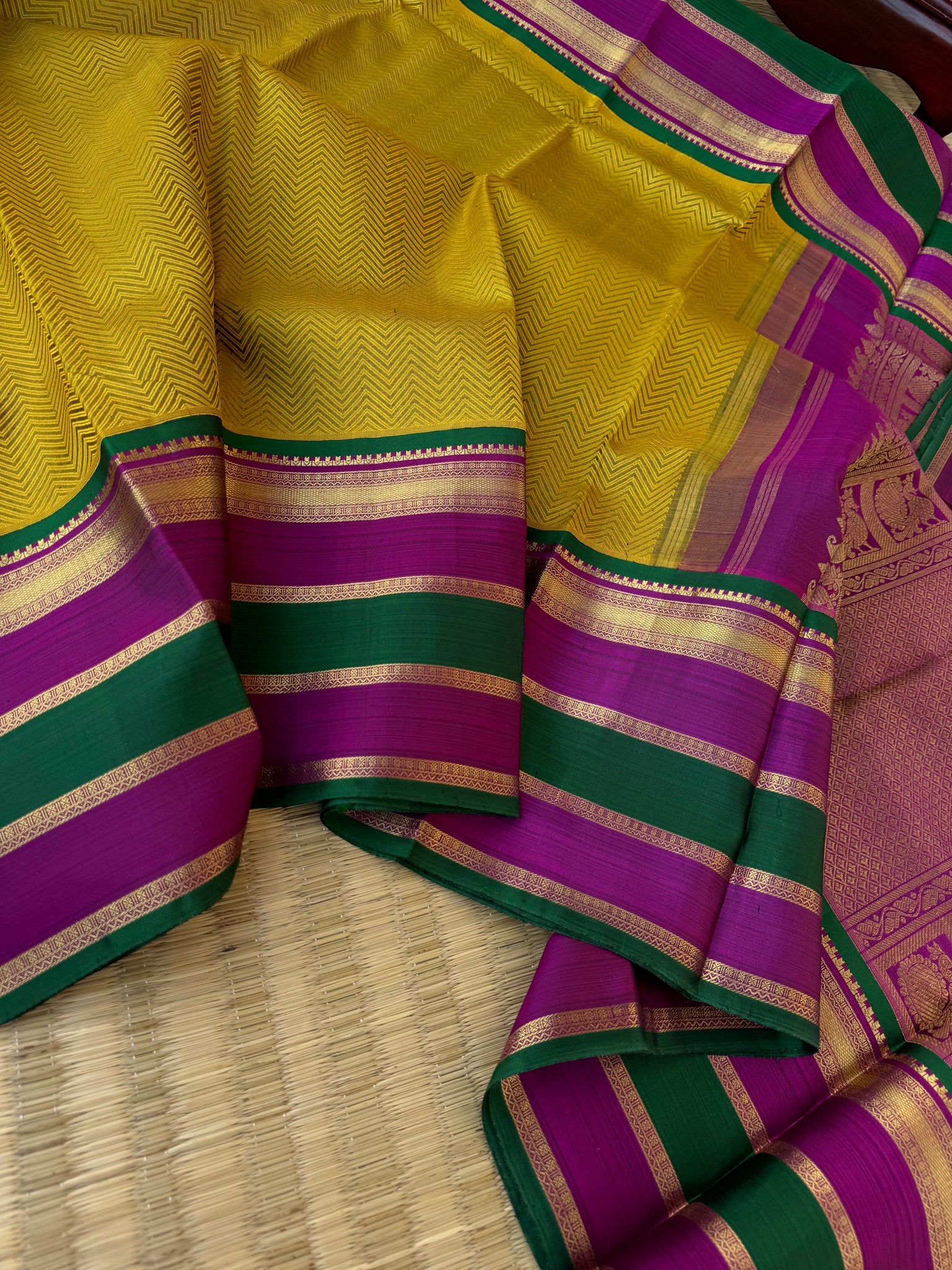 Haritham - Heirloom Yarn Play on Kanchivaram - stunning golden mustard with chevron v pattern woven body
