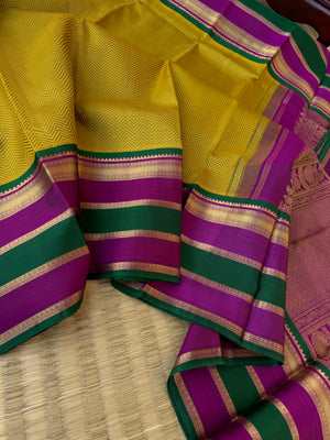 Haritham - Heirloom Yarn Play on Kanchivaram - stunning golden mustard with chevron v pattern woven body