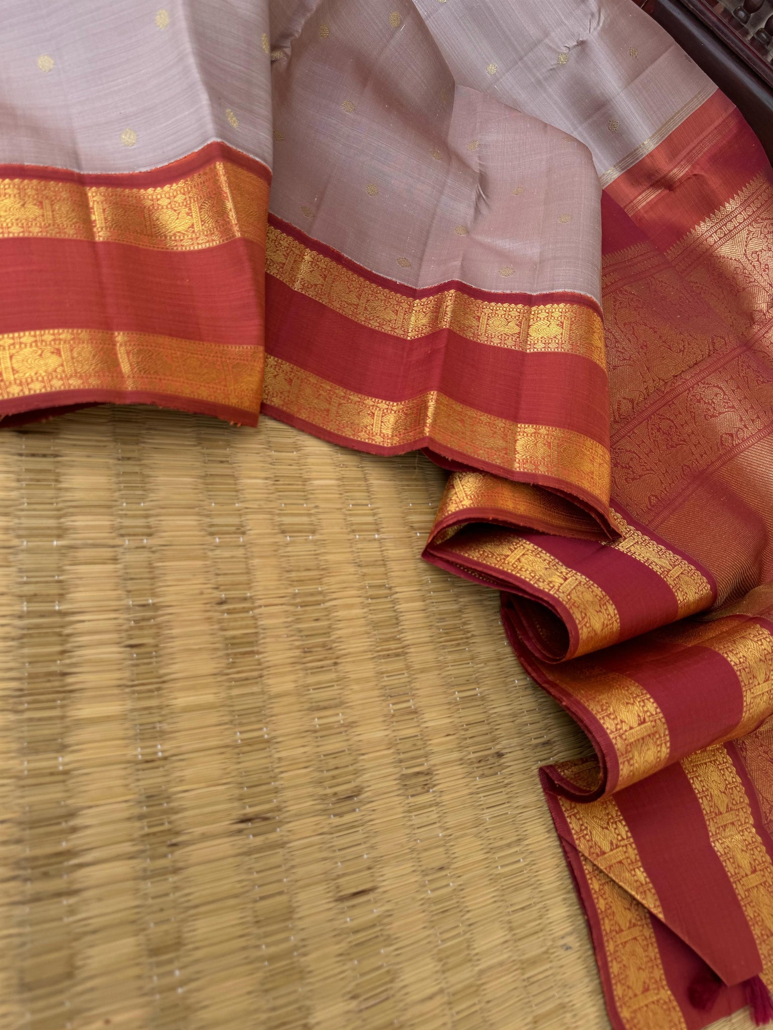 Meenakshi Kalayanam - Connected By Korvai - the stunning pastel ovaltine powder and rust retta pett korvai