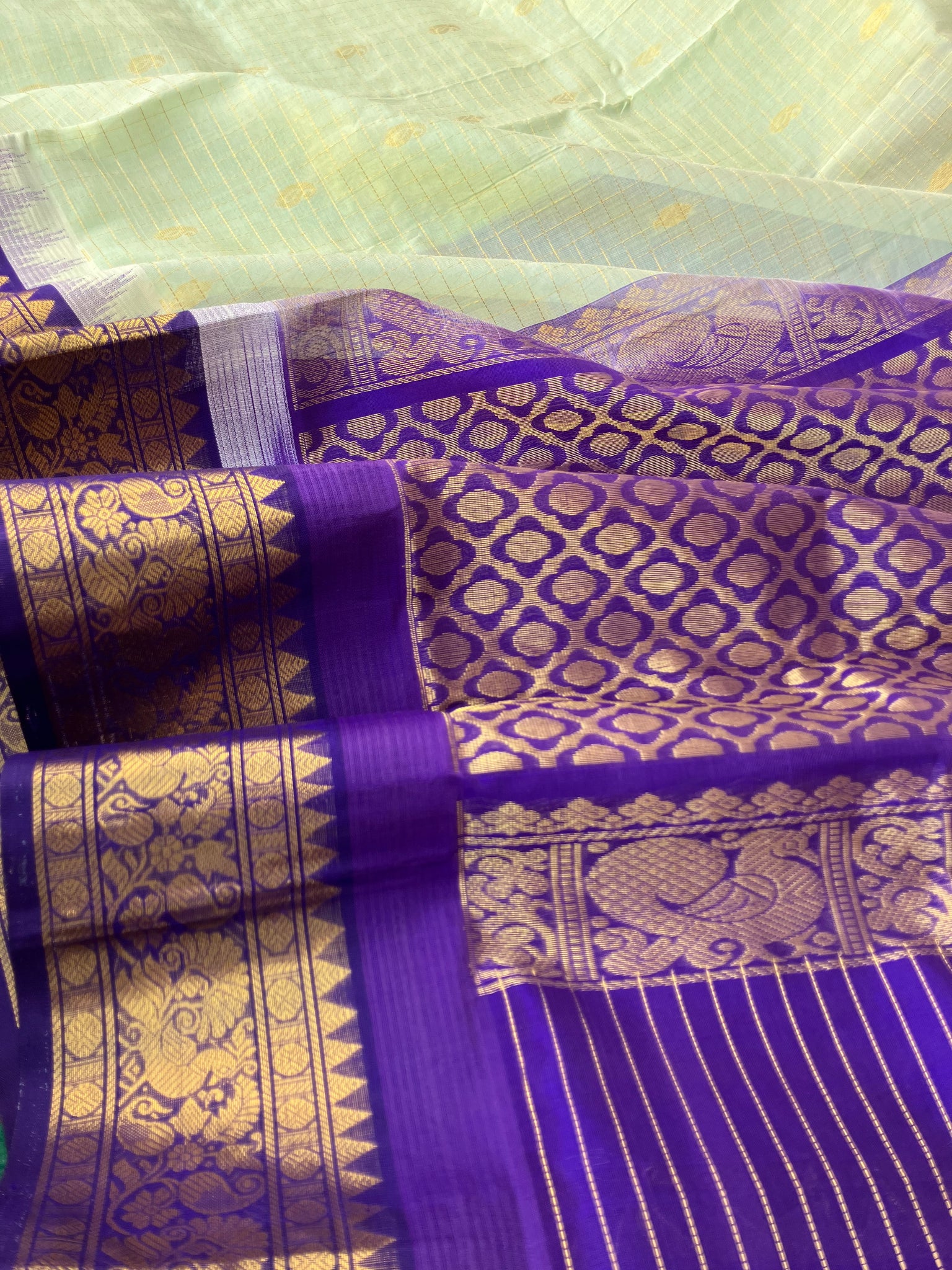Korvai Silk Cotton - pista ice cream and violet zari kattam